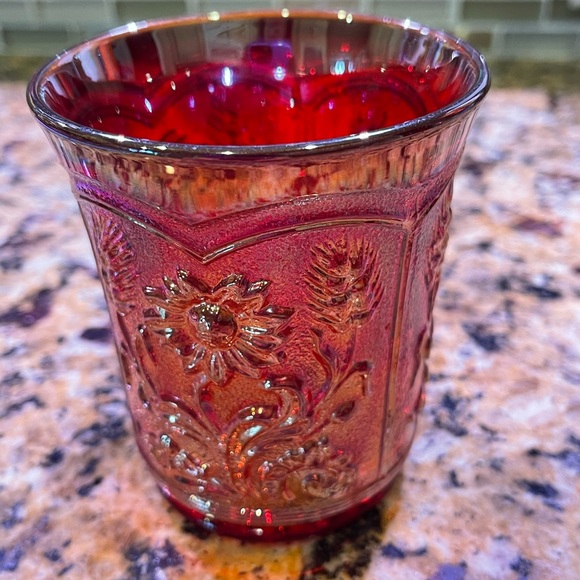 Carnival Glass Tumbler 
Field Flower Pattern 
Red Iridescent Color - Picture 3 of 6